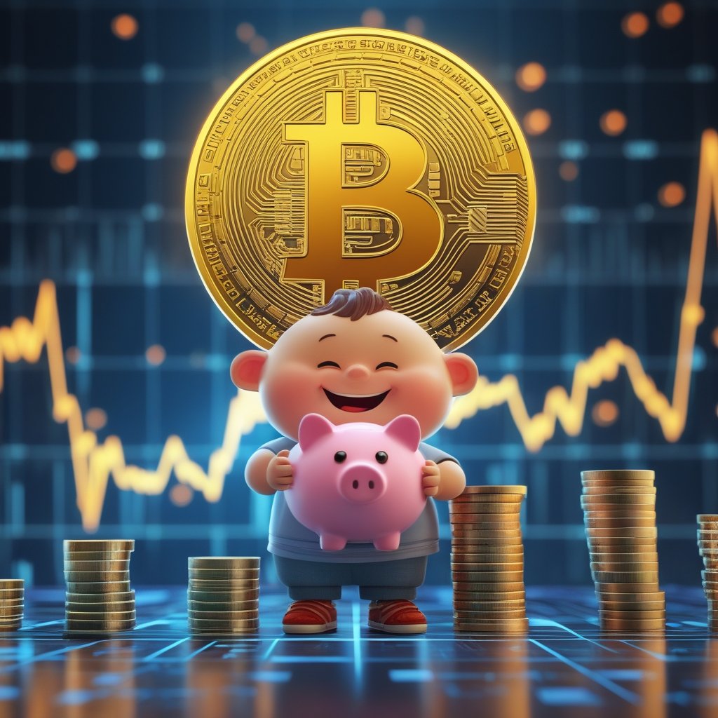 Bitcoin Gold Price: A happy cartoon child holding a piggy bank with Bitcoin and gold coins inside, smiling