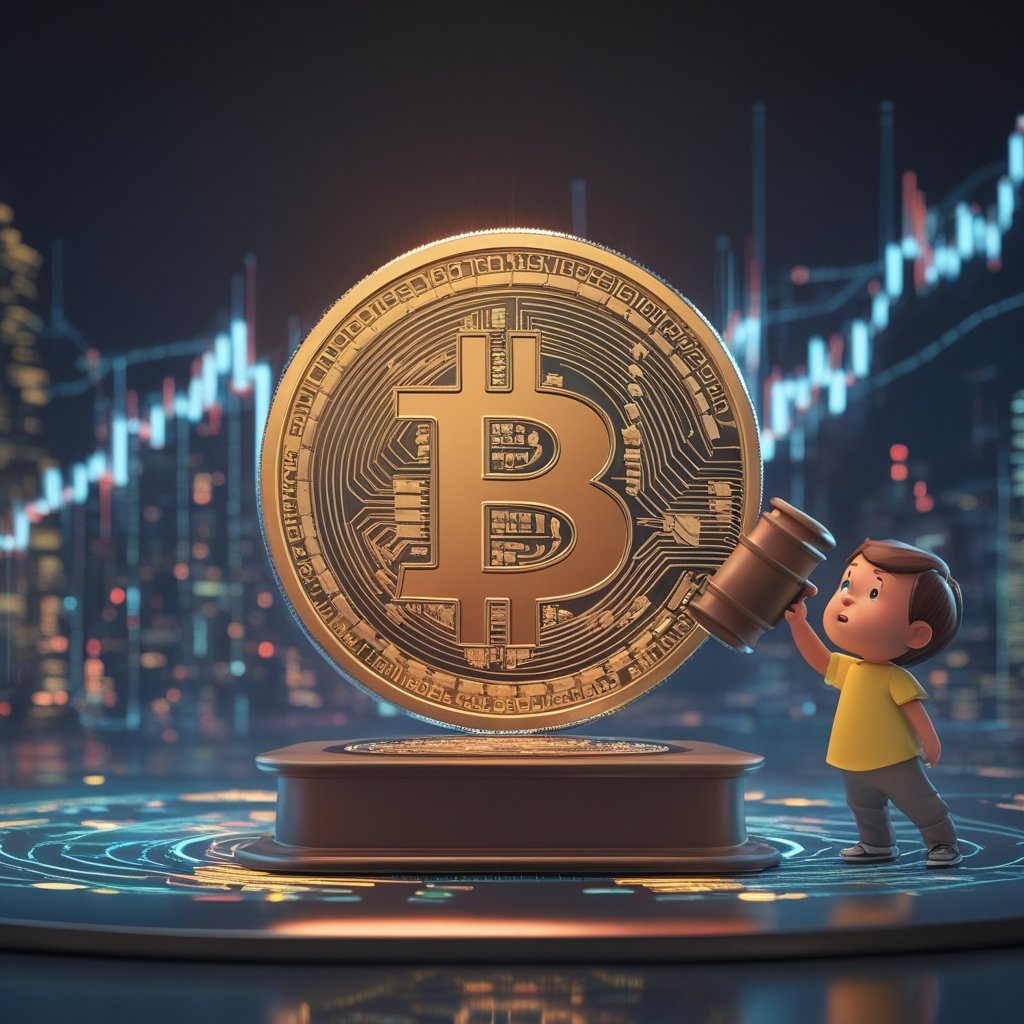 Bitcoin MSCI exclusion: A simple cartoon of a judge with a gavel looking at a toy box full of one toy, with a confused child watching.