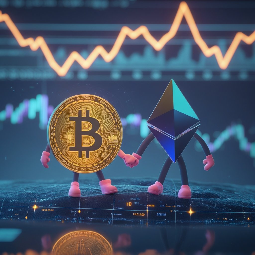 Bitcoin: Two cartoon characters, one representing Bitcoin and one Ethereum, holding hands and walking up a hill together.