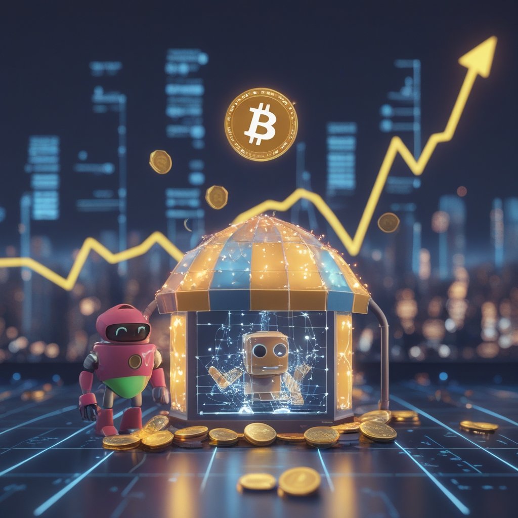 Bitcoin-backed lending: A cheerful cartoon of a digital lemonade stand with a glowing safety net made of coins, and a friendly robot holding a shield
