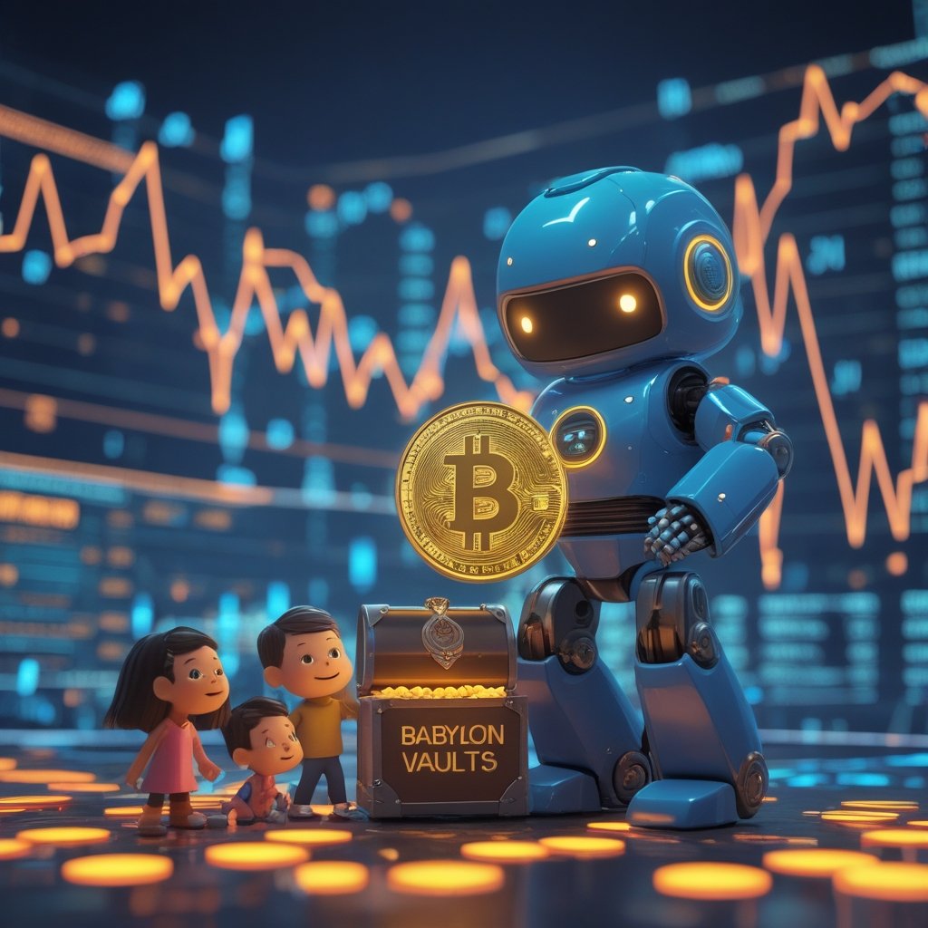Bitcoin-backed lending: A colorful cartoon of a robot guard standing next to a glowing treasure chest labeled 'Babylon Vaults' with smiling children looking on