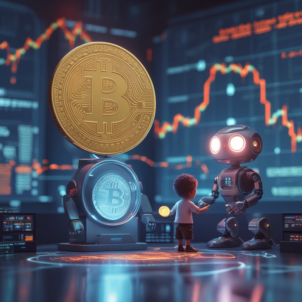 Bitcoin-backed lending: A simple, friendly diagram showing a child putting a coin in a digital vault, then borrowing a different coin from a friendly robot librarian