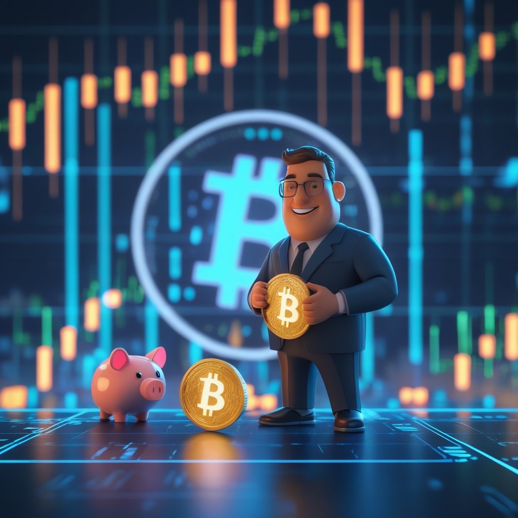 Bitcoin banking: A friendly cartoon banker holding a digital coin next to a piggy bank
