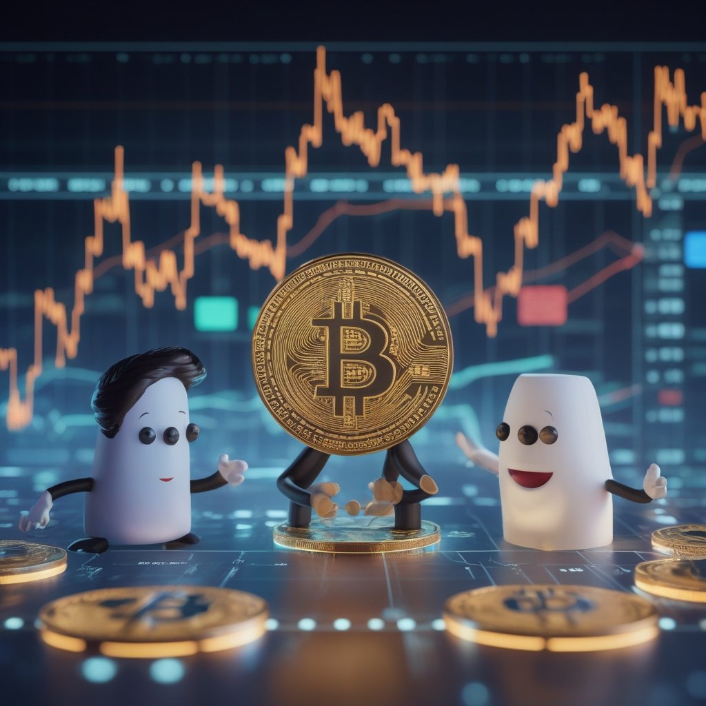 Bitcoin banking: Cartoon characters using digital tokens like magic coins to make promises