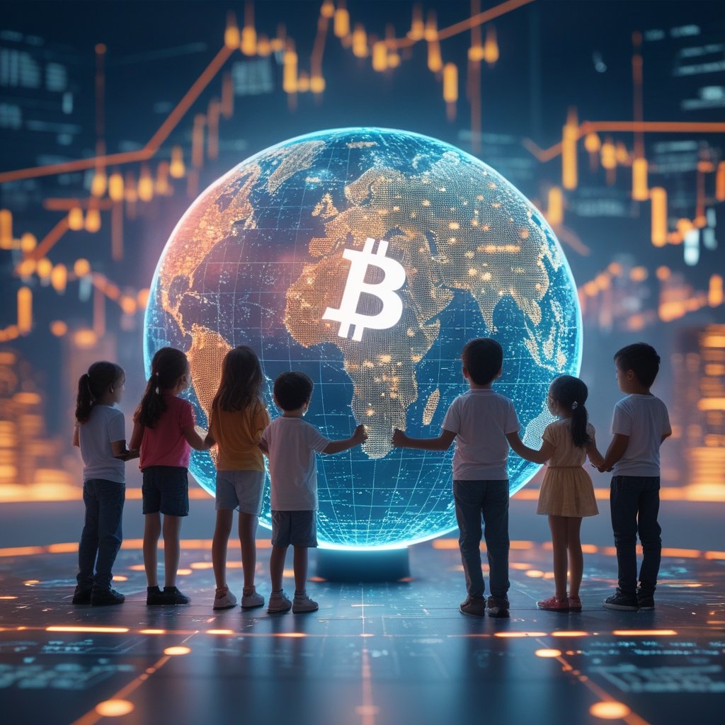 Bitcoin banking: Children from different countries holding hands around a digital globe