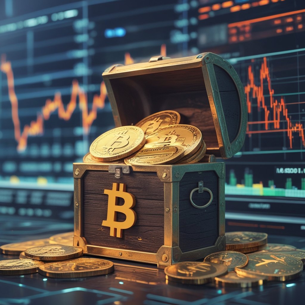 Bitcoin breakout MSTR: A cartoon of a treasure chest labeled MSTR filled with Bitcoin coins, with an arrow pointing up