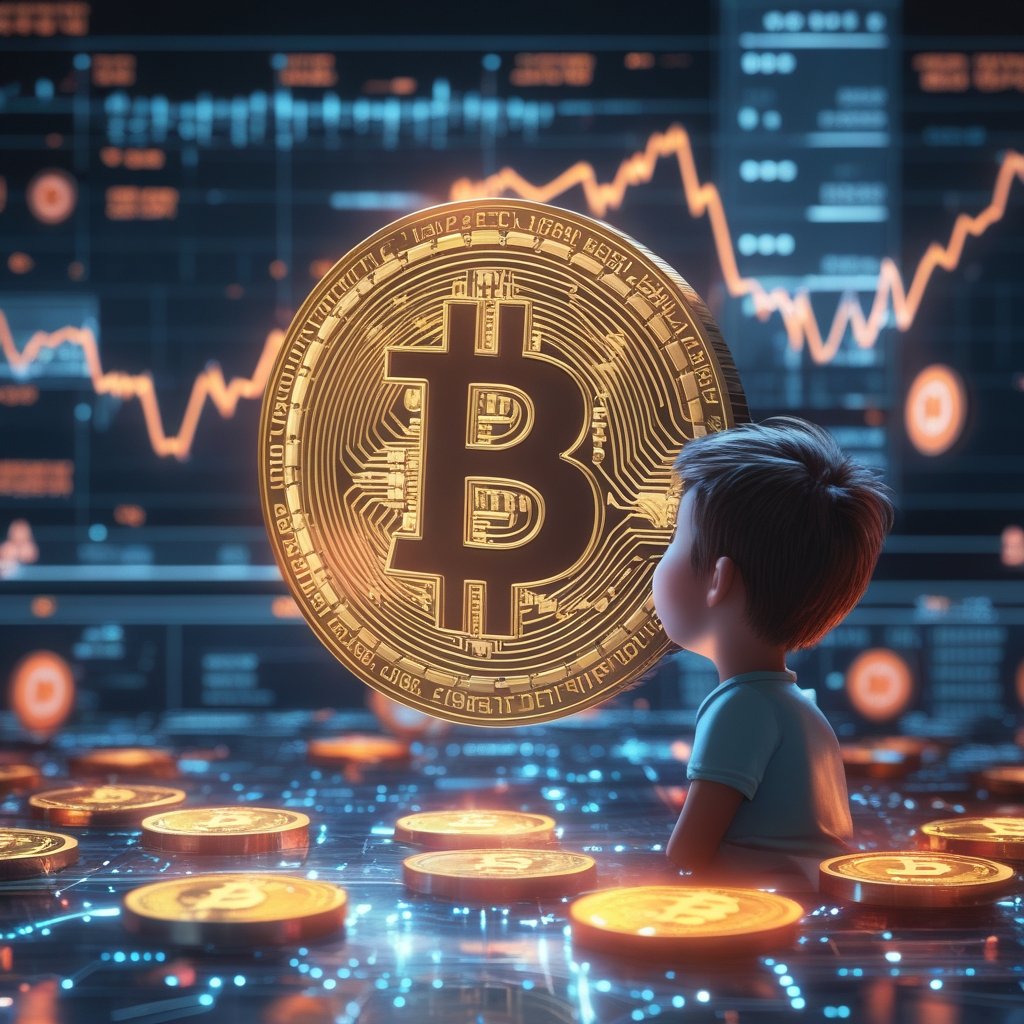 Bitcoin breakout MSTR: A friendly cartoon of a kid looking at a chart with smiling Bitcoin coins