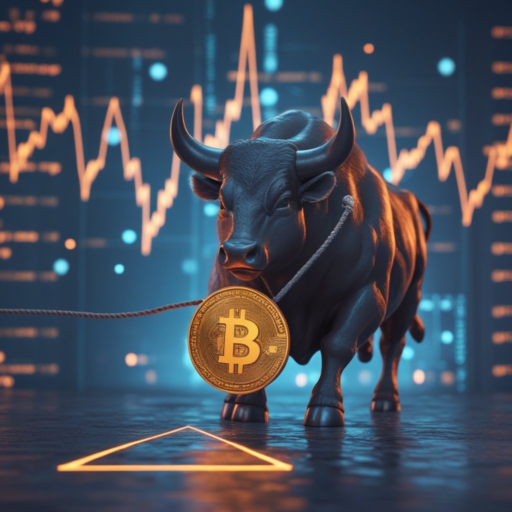 Bitcoin bulls: A cartoon of a bull holding a rope with a Bitcoin coin, with a line drawn on the ground below it.