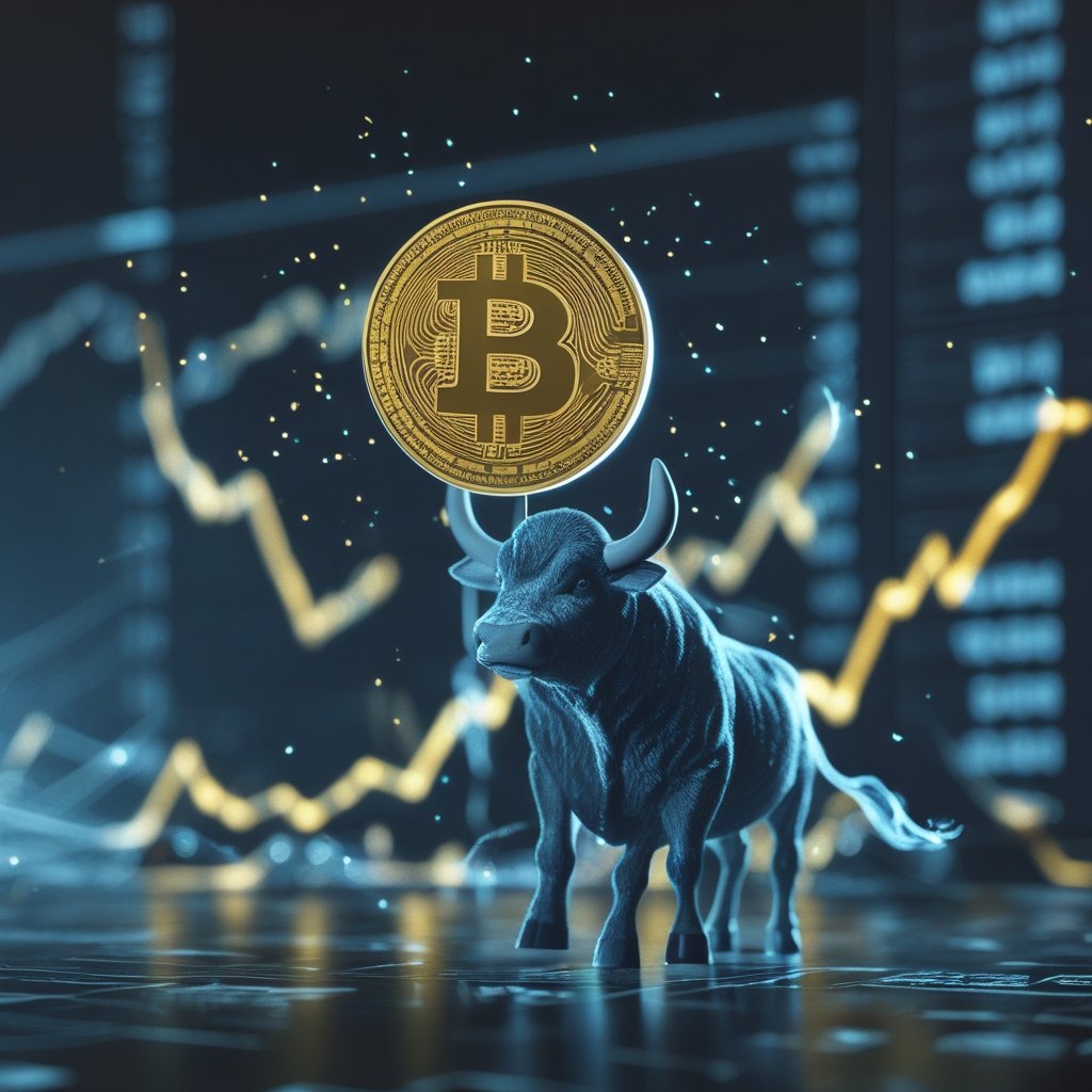 Bitcoin bulls: A simple cartoon of a balloon with a Bitcoin face being held by a bull, with wind blowing.