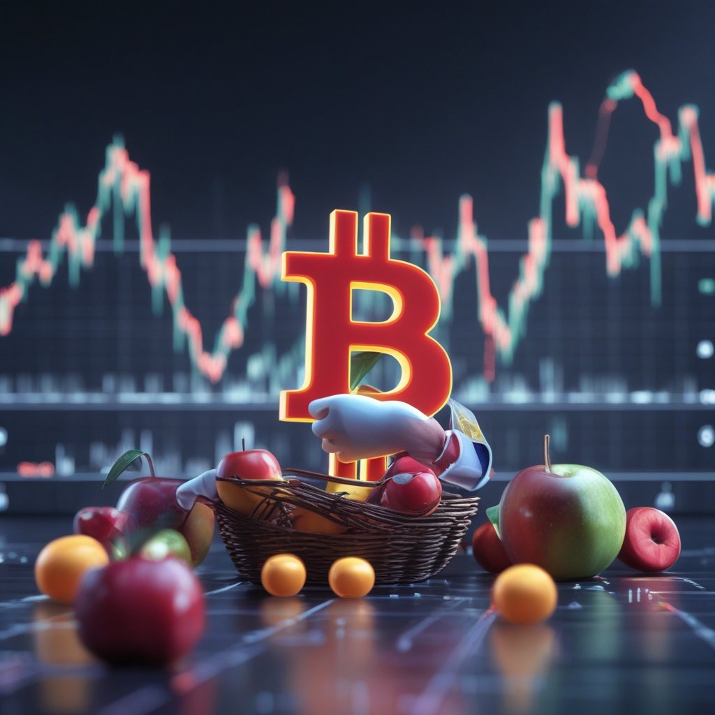 Bitcoin capital inflows: A simple cartoon showing a big red apple (Bitcoin) taking over a fruit basket from other smaller fruits.