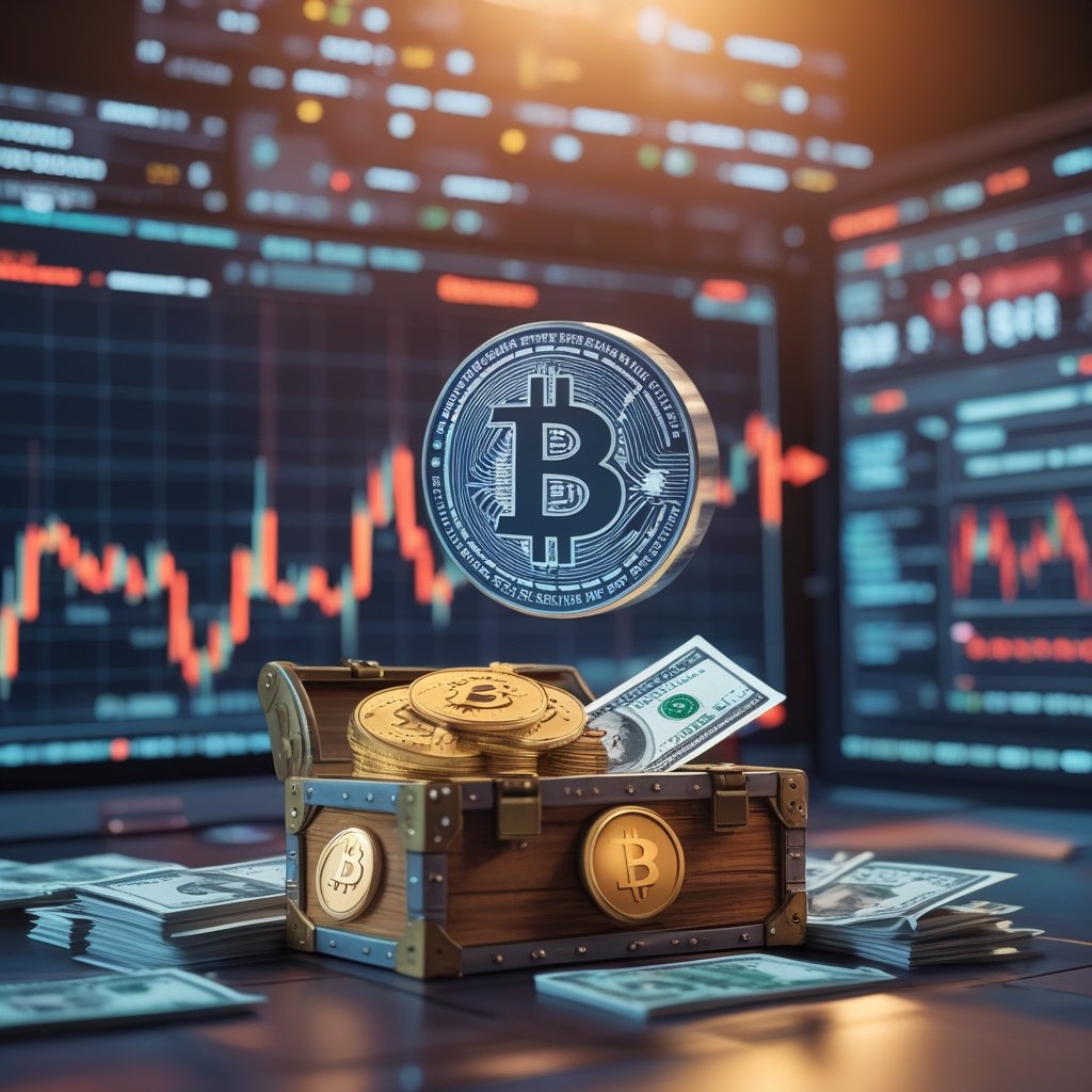 Bitcoin cash reserve: A friendly cartoon company logo with a treasure chest full of Bitcoin coins and a pile of dollar bills next to it.