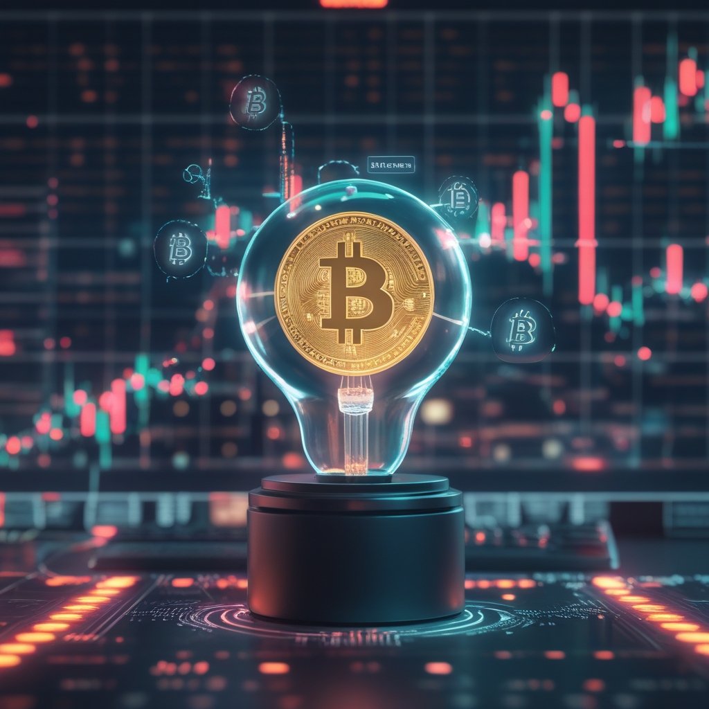 Bitcoin crime: A simple cartoon of a lightbulb turning on, with a computer and Bitcoin symbols around it