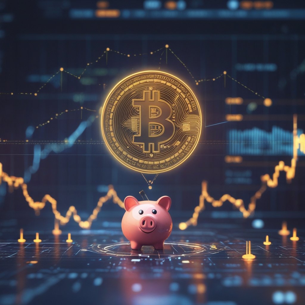 Bitcoin crime: A simple cartoon of a smiling computer with a piggy bank on it, showing digital coins floating around