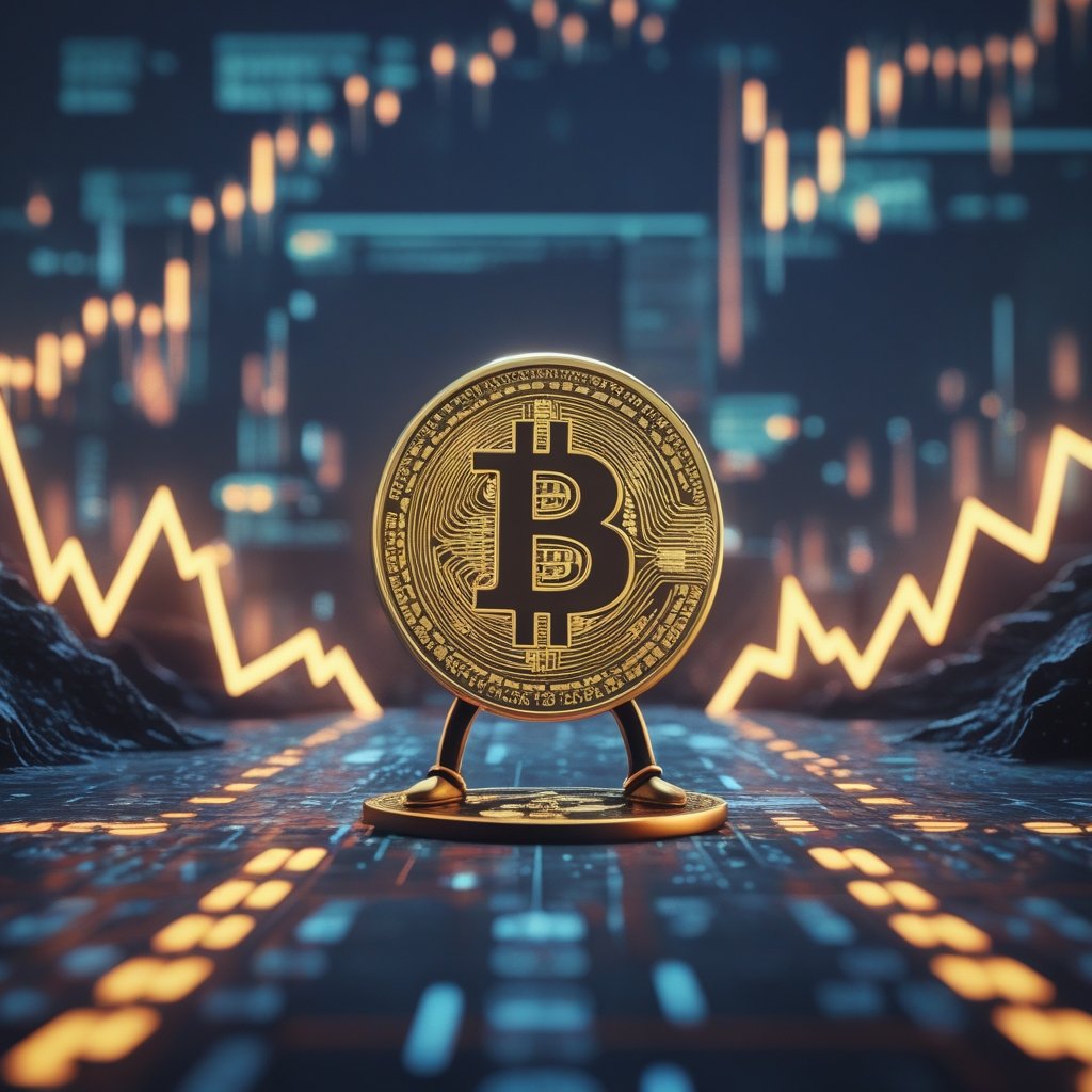 Bitcoin critical juncture: A cartoon Bitcoin coin standing at a crossroads with signs pointing to up and down hills