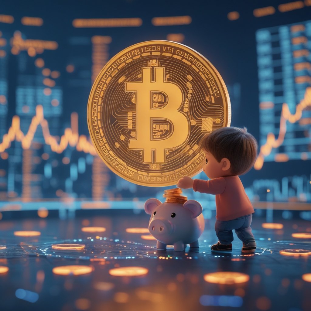 Bitcoin exchange outflows: A friendly cartoon of a child taking digital coins out of a computer treasure chest and putting them in a piggy bank