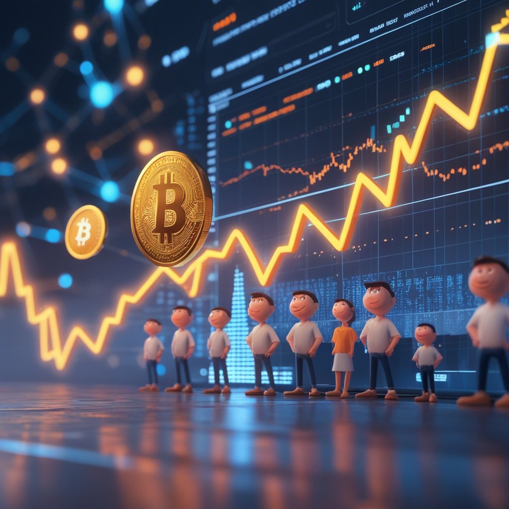 Bitcoin exchange outflows: A group of friendly cartoon characters watching a chart with happy faces as the line goes up