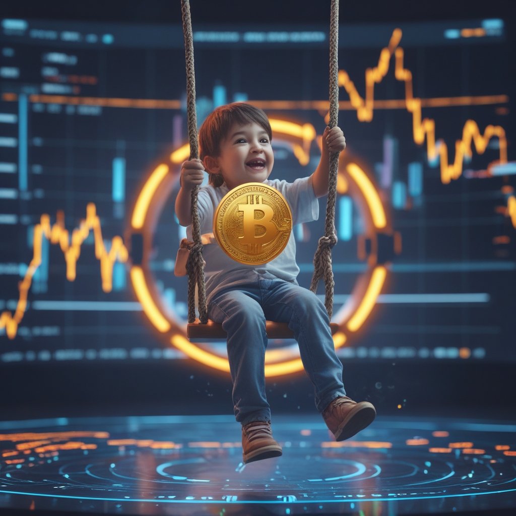 Bitcoin exchange outflows: A happy cartoon child on a swing going up while holding a Bitcoin, showing the idea of bouncing back up