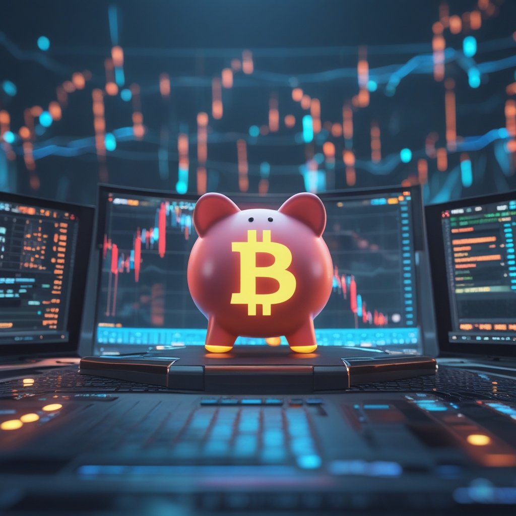 Bitcoin in pensions: A cartoon piggy bank with a Bitcoin symbol on a digital screen