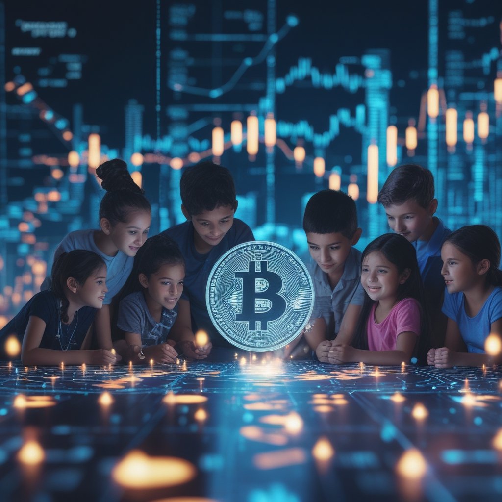 Bitcoin in pensions: A diverse group of children looking at a glowing digital globe with coins floating around it