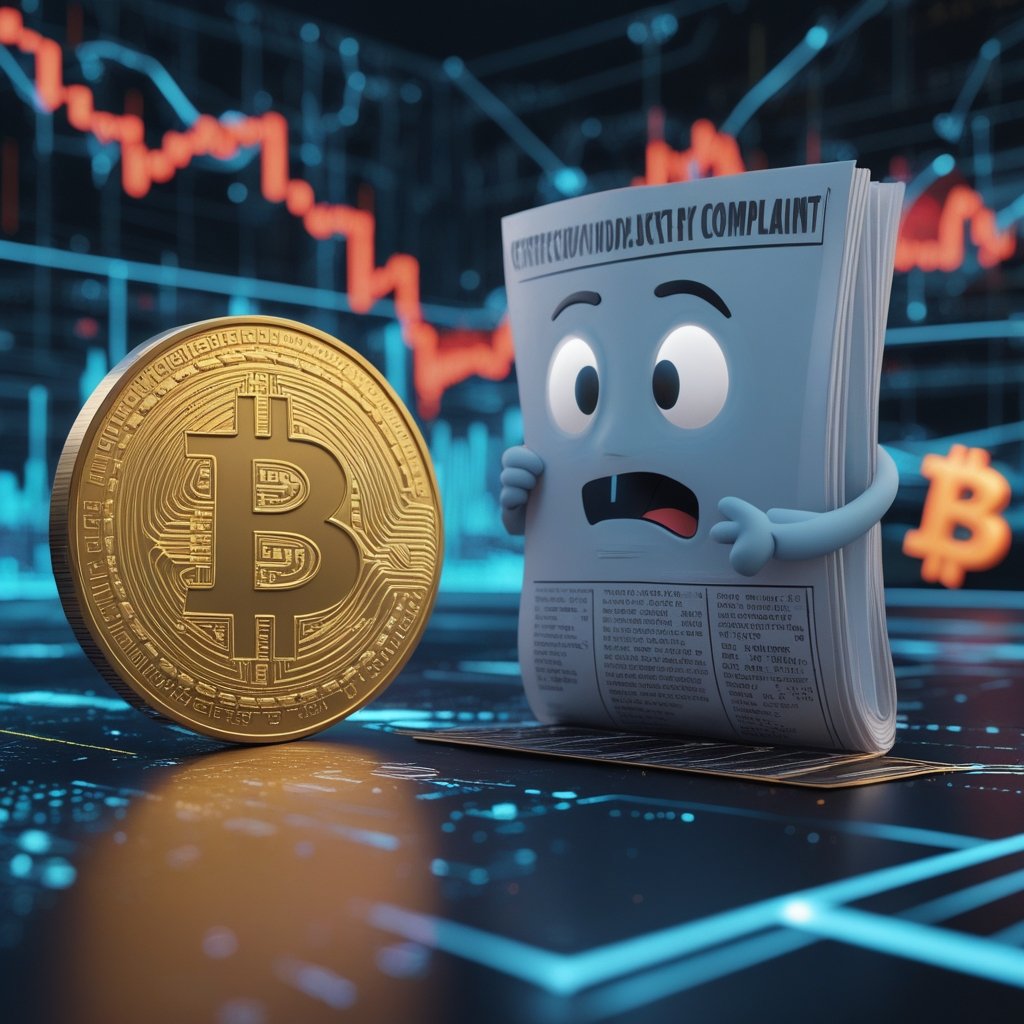 Bitcoin industry complaint: A cartoon of a newspaper with a frowning face, and a happy Bitcoin coin trying to talk to it