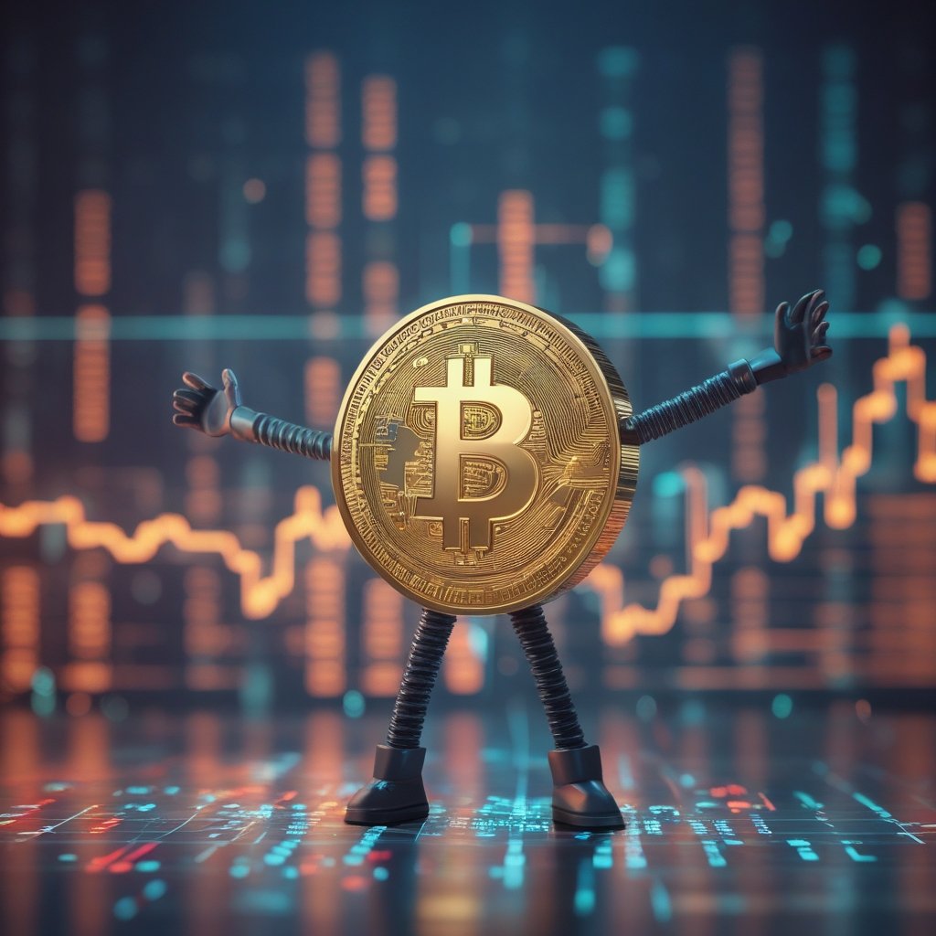 Bitcoin institutional activity: A friendly cartoon Bitcoin smiling with arms and legs