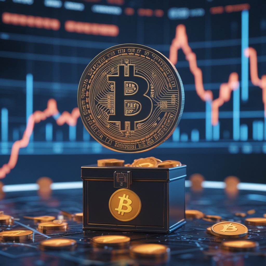 Bitcoin institutional activity: Cartoon picture of a Bitcoin toy box with happy faces