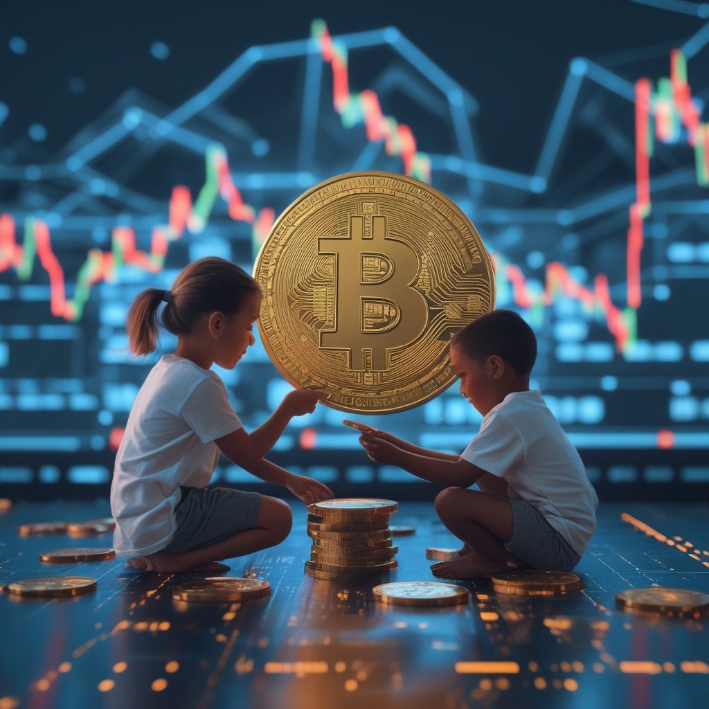 Bitcoin institutional activity: Children playing with digital coins and real coins together
