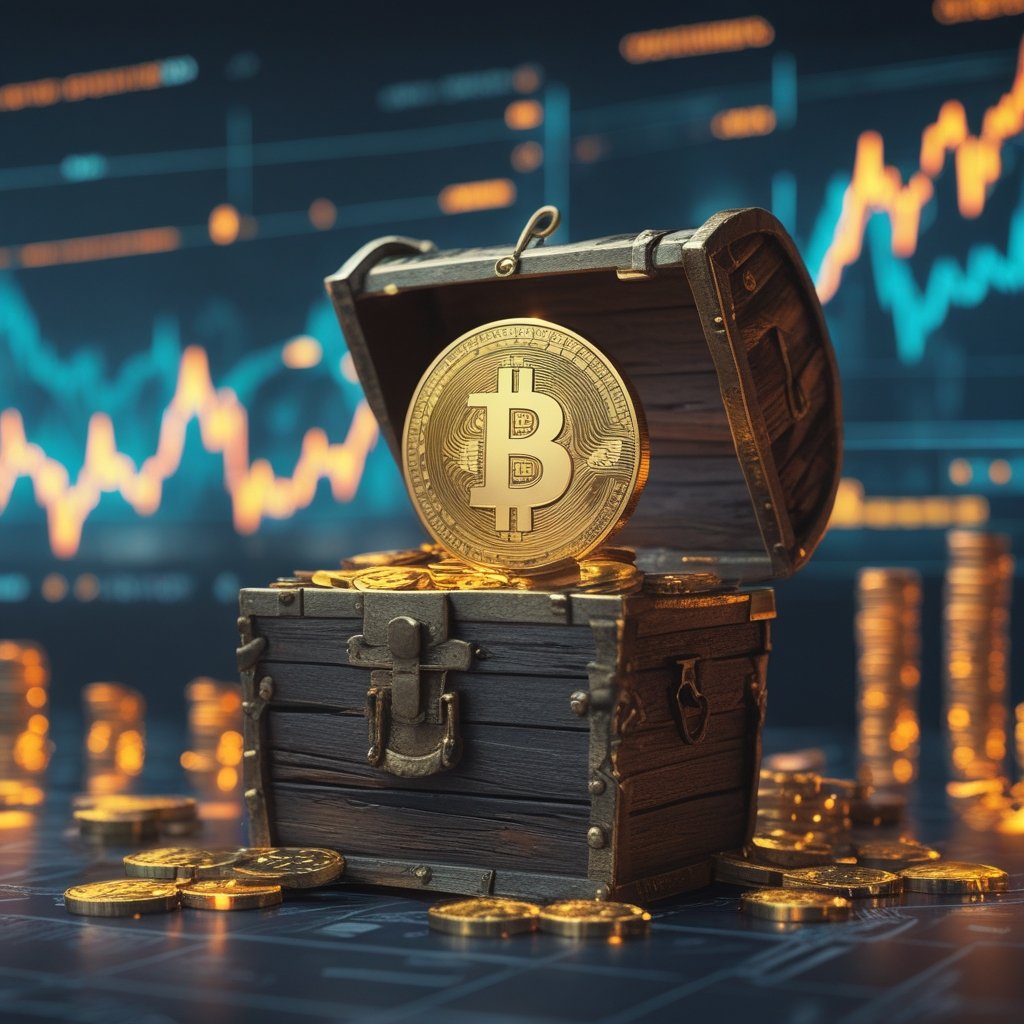 Bitcoin investment: A cartoon treasure chest filled with glowing digital coins