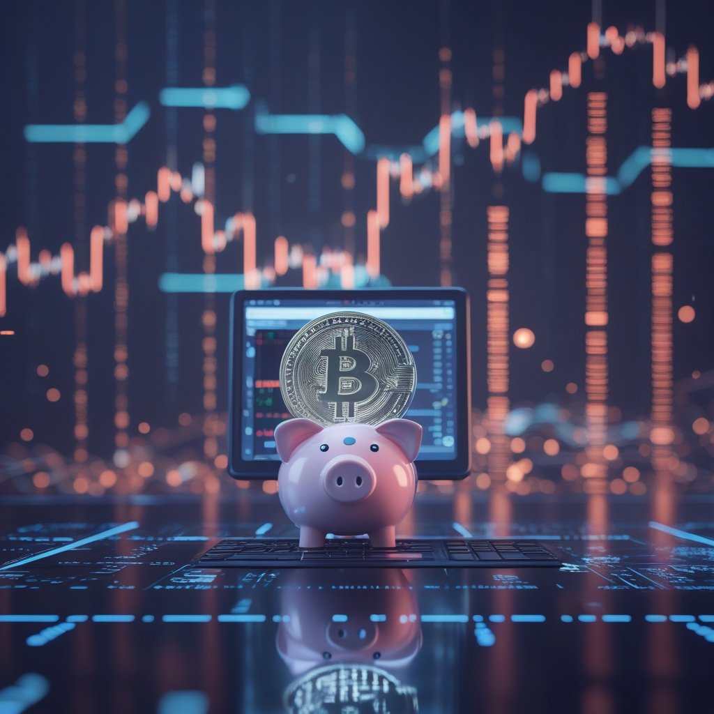 Bitcoin investment: A friendly cartoon piggy bank with a computer screen showing digital coins