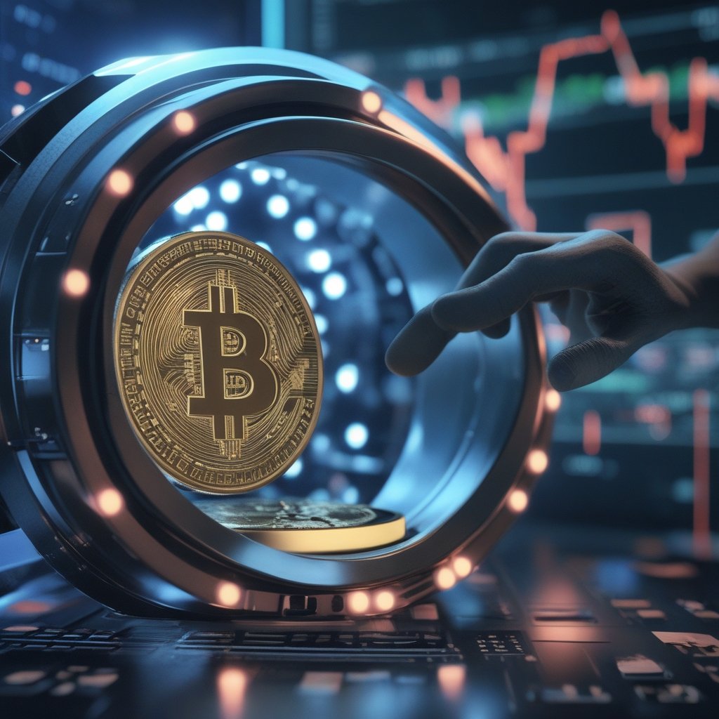 Bitcoin lending market: A close-up of a Bitcoin coin being placed into a vault, with a shadow of a hand reaching out to lend it, symbolizing the risk of Strategy's potential lending move