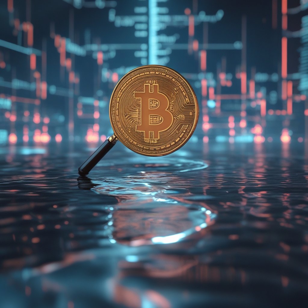 Bitcoin liquidity signal: A friendly cartoon coin with a magnifying glass looking at a river of money