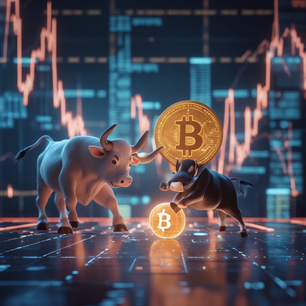 Bitcoin liveliness indicator: A cartoon of a happy bull pushing a ball uphill, with a Bitcoin symbol on the ball