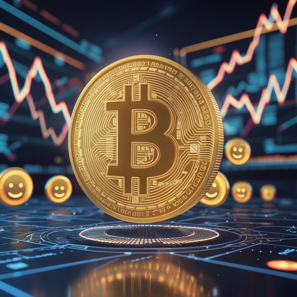 Bitcoin liveliness indicator: A cute cartoon showing Bitcoin coins moving around with happy faces, representing them being active and lively