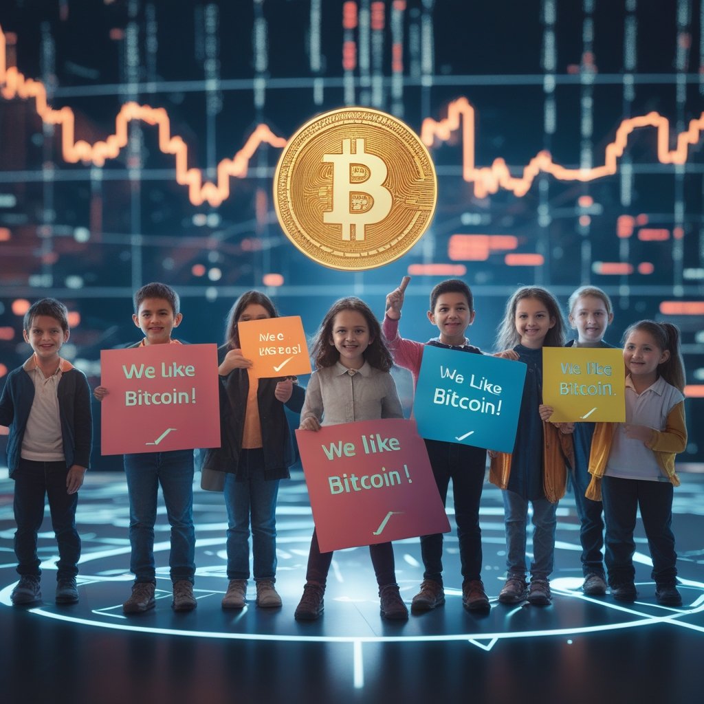 Bitcoin liveliness indicator: A group of diverse children holding signs that say 'We like Bitcoin!' with happy faces