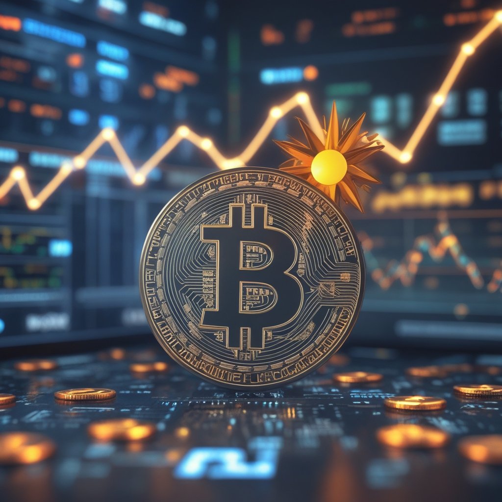 Bitcoin liveliness indicator: A happy cartoon showing a bright future with Bitcoin coins smiling and the sun shining, representing good times ahead