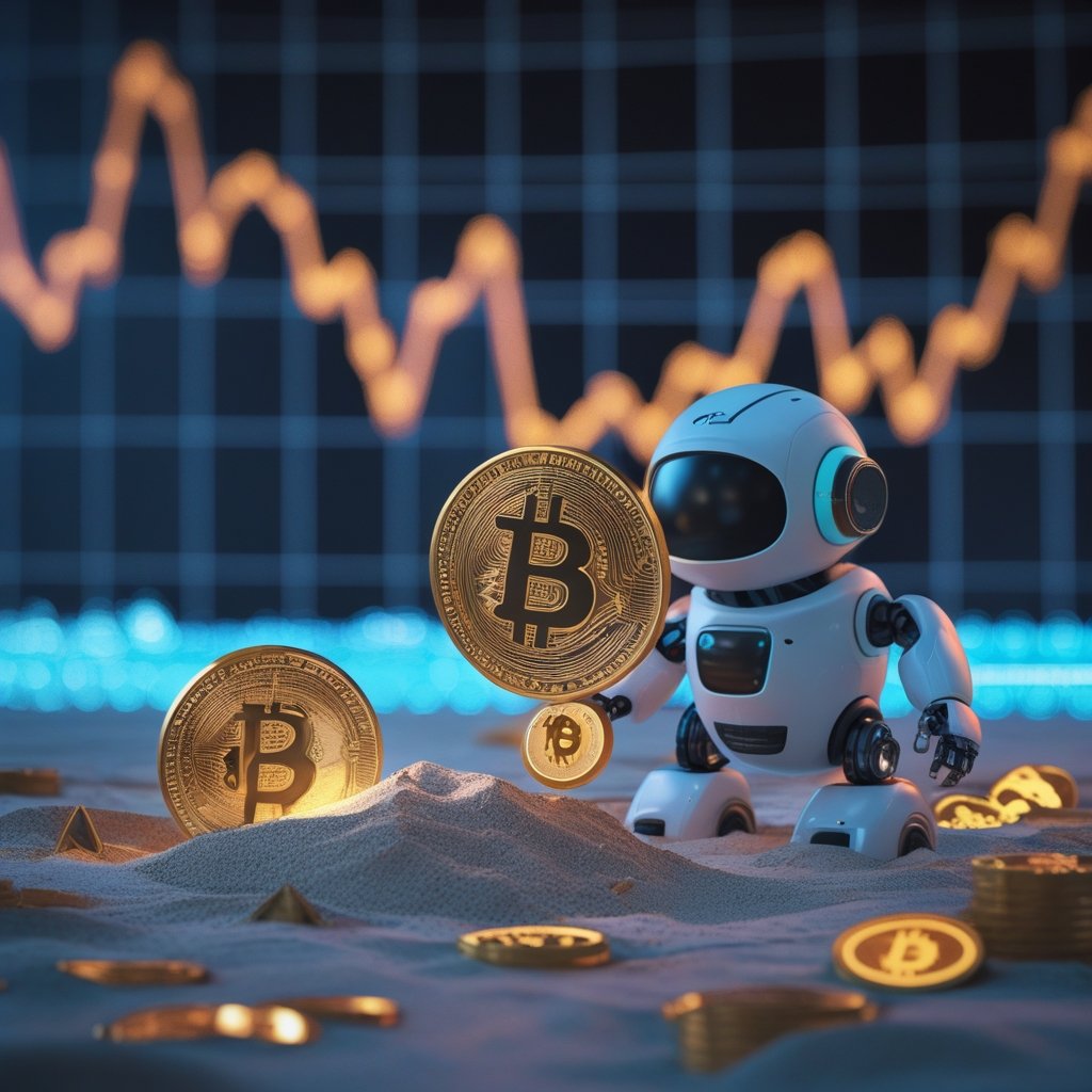 Bitcoin market cycle: A cartoon of a cute robot digging for gold coins labeled 'Crypto' in a sandbox