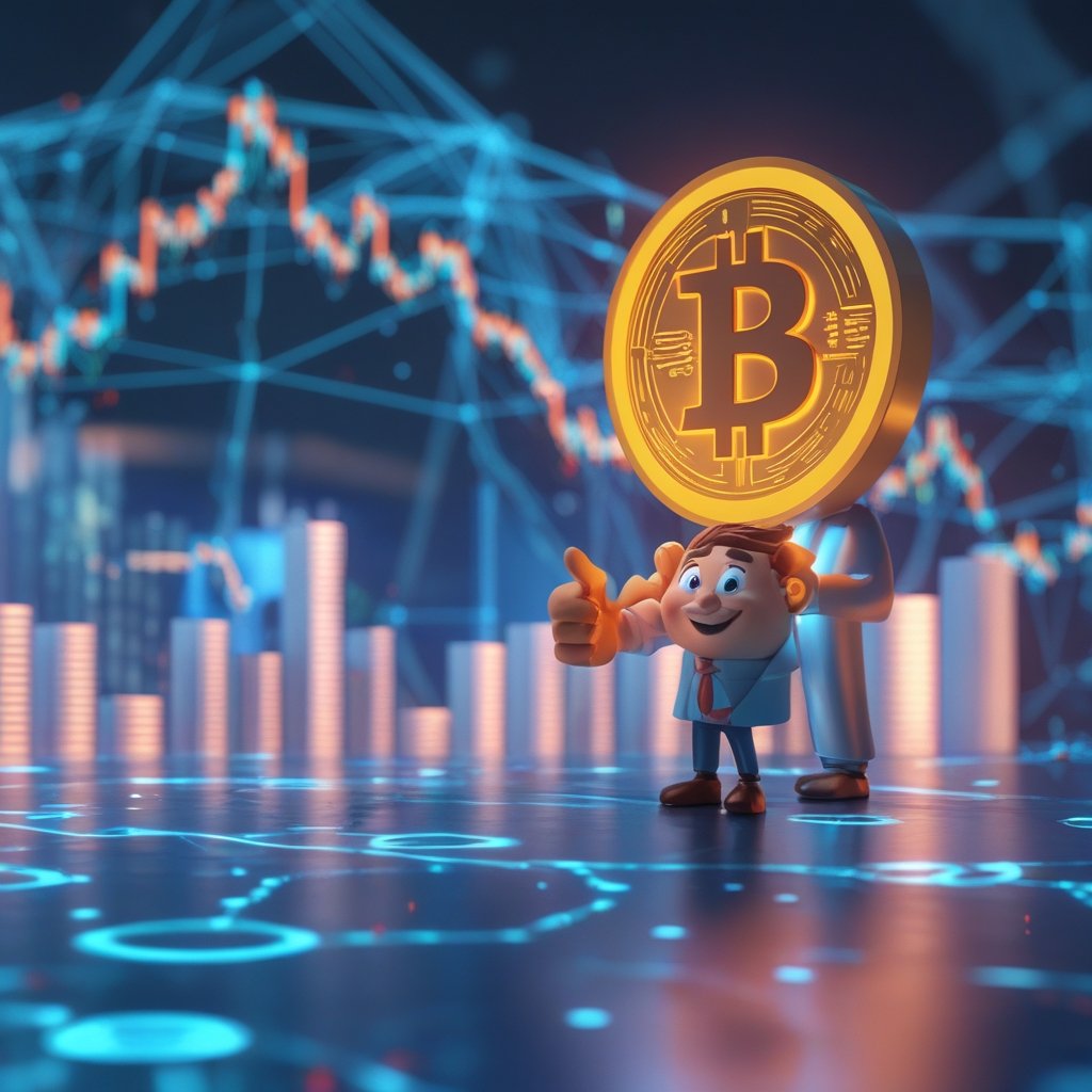 Bitcoin market structure: A friendly cartoon of a banker and a company executive smiling while holding a digital Bitcoin coin, with a calm, safe-looking playground in the background.