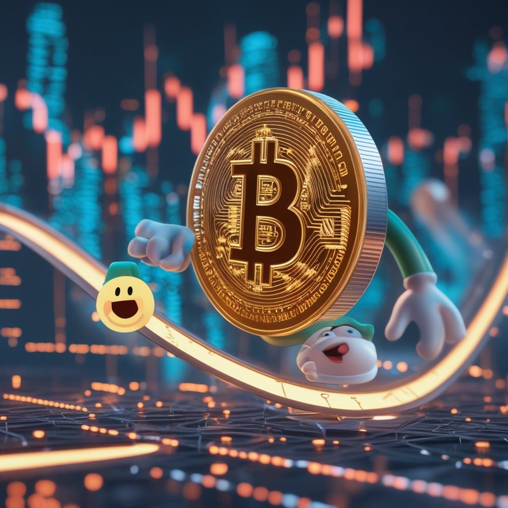 Bitcoin market structure: A simple cartoon of a happy Bitcoin coin riding a roller coaster up and down, with smiling faces.