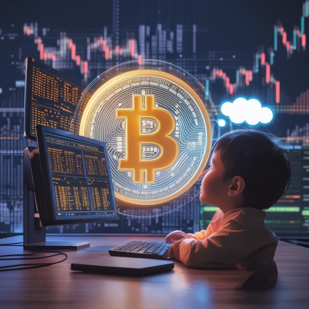 Bitcoin market structure: A simple, colorful cartoon of a child looking at a computer screen showing a happy Bitcoin, with a thought bubble showing a safe, friendly future.