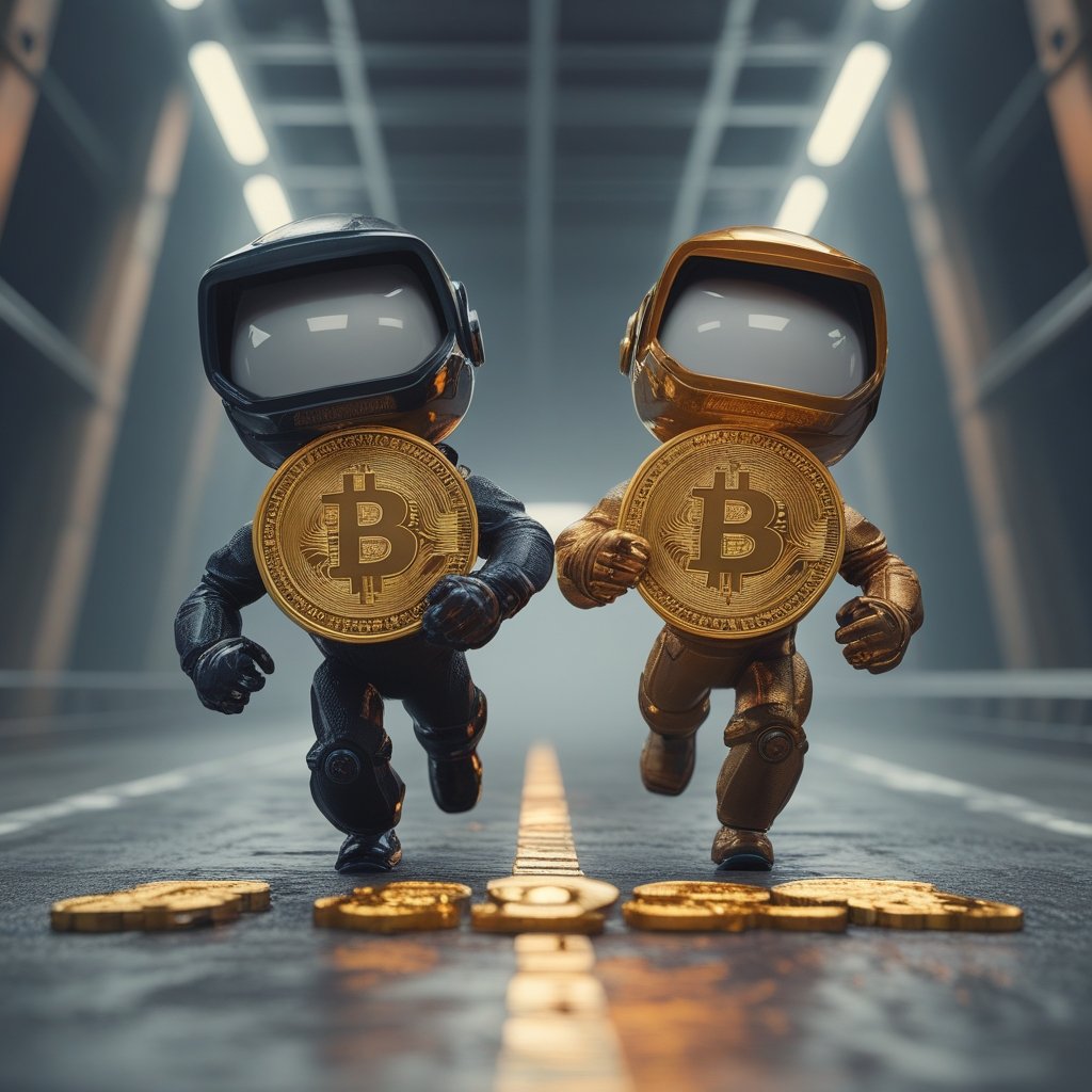 Bitcoin mispricing 2026: Two cartoon characters racing - one holding gold, one holding Bitcoin, with a finish line that says 2026