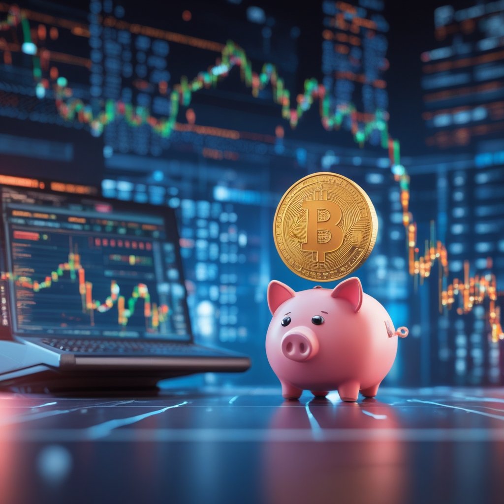 Bitcoin options: A cartoon piggy bank with a computer screen showing Bitcoin symbols