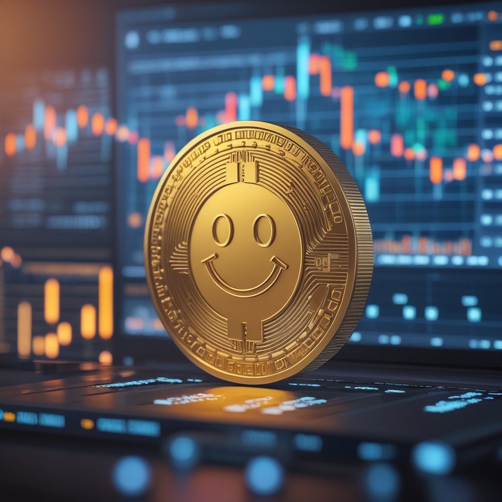 Bitcoin options: A friendly cartoon of a golden coin with a smiley face, sitting on a computer screen