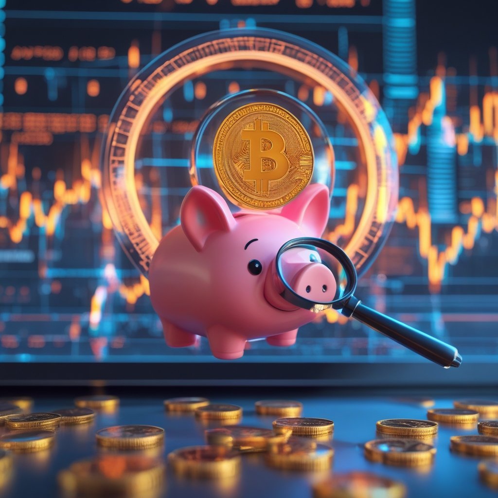 Bitcoin options: A friendly cartoon of a piggy bank with a magnifying glass, looking at coins