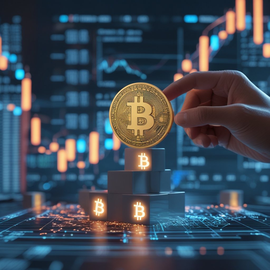 Bitcoin price: A cartoon tower of blocks with a Bitcoin coin on top, and a hand gently tapping the table to show fragility.