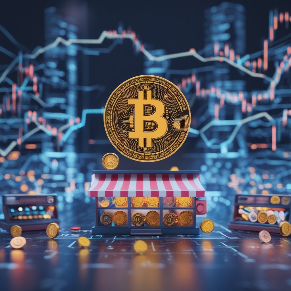 Bitcoin price: A colorful cartoon toy store with shelves full of different digital coins and tokens