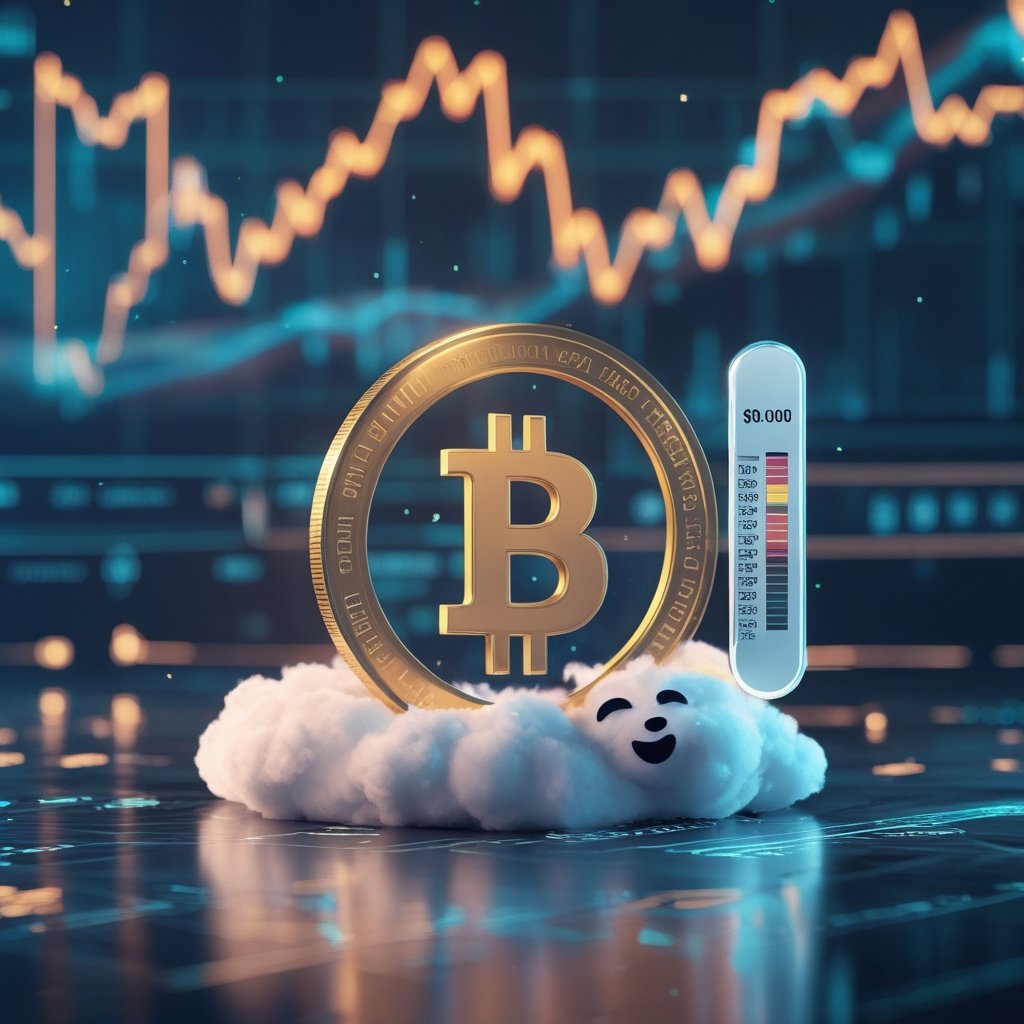Bitcoin price: A friendly cartoon Bitcoin coin sitting on a cloud, looking sleepy with a thermometer showing $90,000.