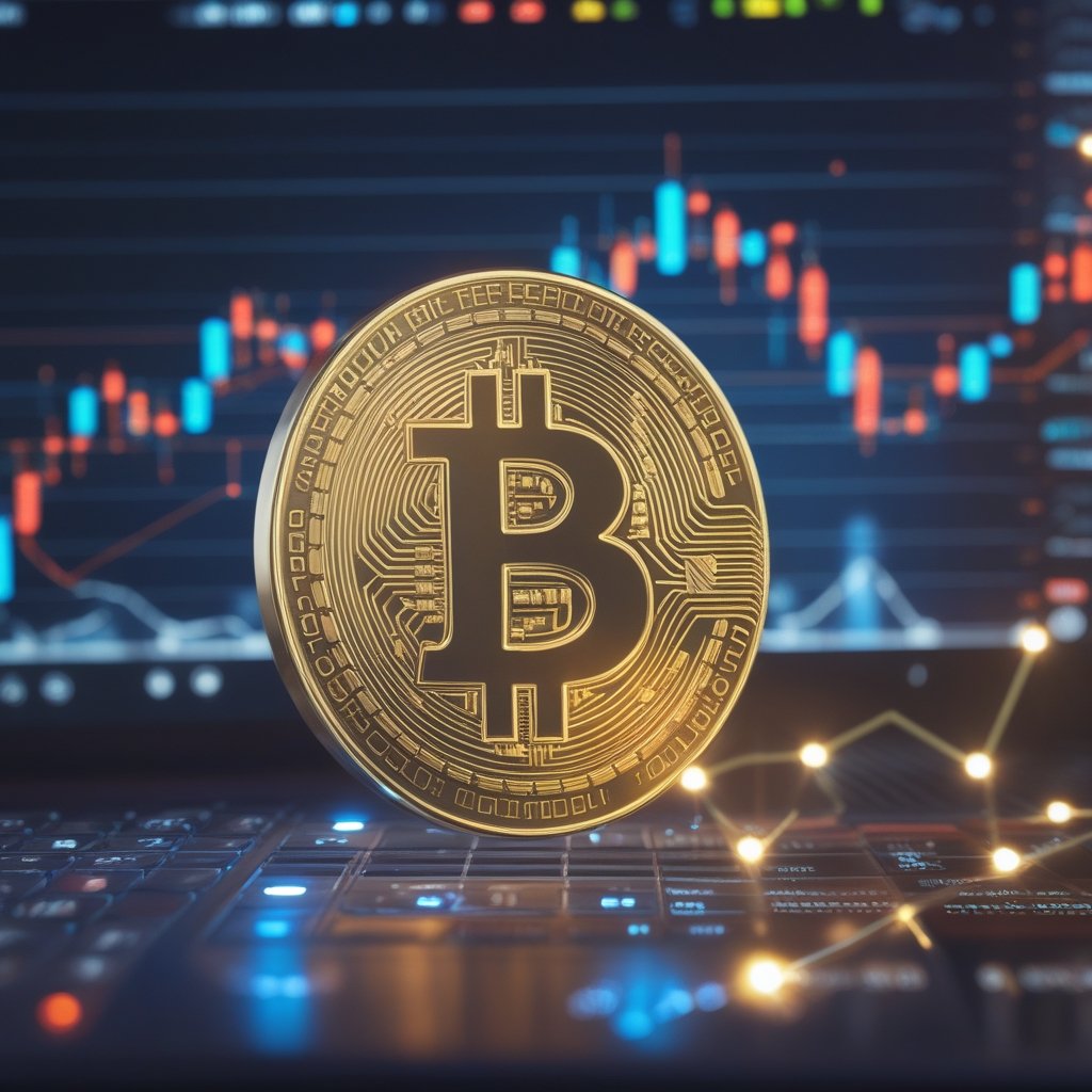 Bitcoin price: A friendly cartoon Bitcoin coin with a smile, floating on a computer screen