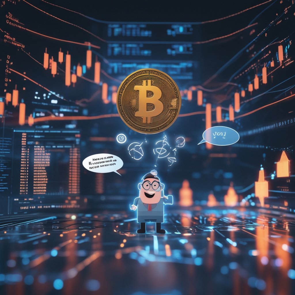 Bitcoin price: A friendly cartoon character answering questions with speech bubbles and simple icons