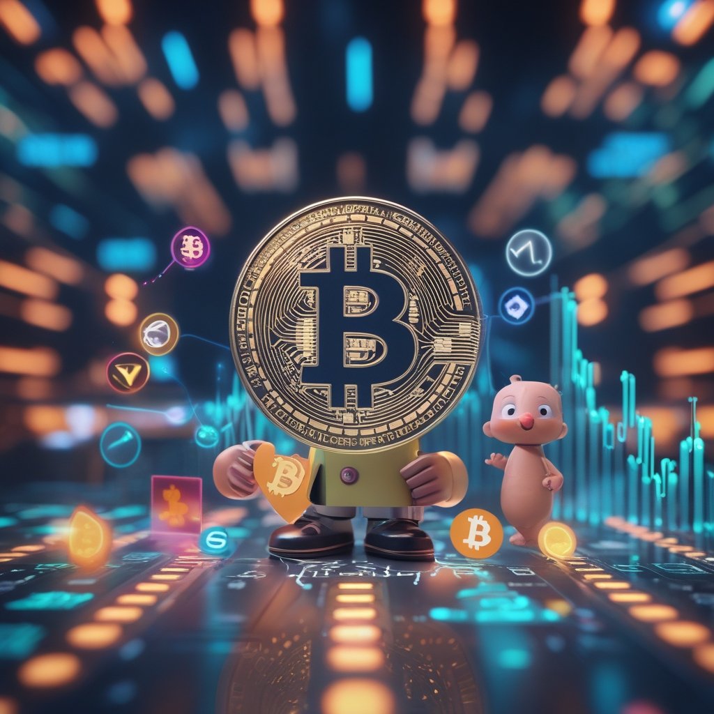 Bitcoin price: A friendly cartoon character explaining digital money like Bitcoin with simple icons and a cheerful background