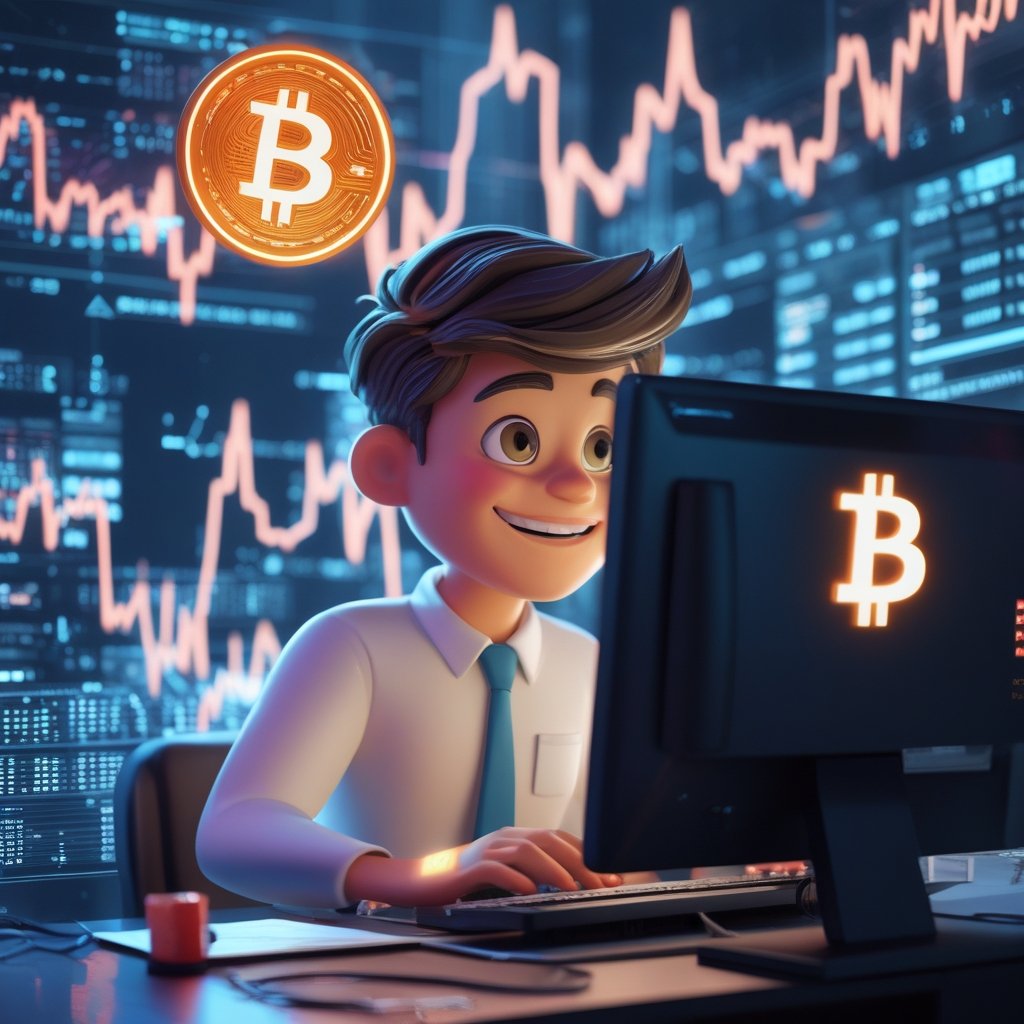 Bitcoin price: A happy cartoon character looking at a computer screen showing rising and falling lines